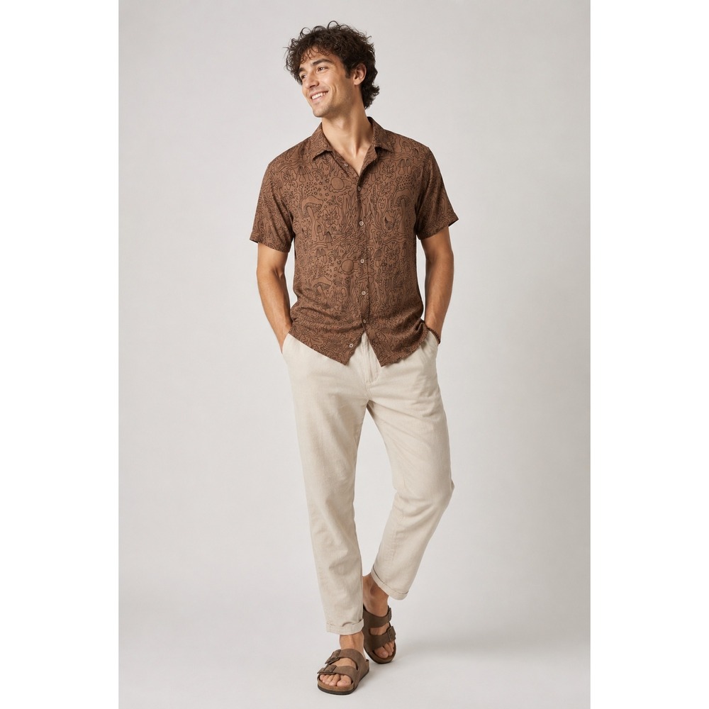Earthbound Trading Co Mushroom Print Shirt Mens Small Brown Rayon MWG66REB